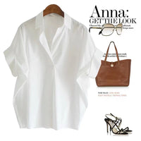 Women's Summer Cotton White Shirt Loose Batwing Sleeve Collar Shirt