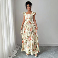 Printed Flutter Sleeve Defined Waist Pleated Dress