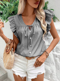 Loose Striped Top With French-Style Strap And Ruffle Sleeves