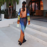 Printed Mesh Long-Sleeve Maxi Dress With Open Back And Tie Details For Women