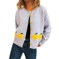 Lemon Jacquard Contrast Color Button Casual Loose Round Neck Sweater
