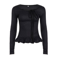 Polka-dot Printed Lace-trimmed Long-sleeve Top For Women