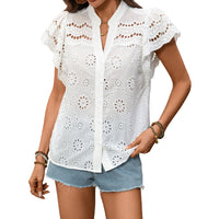 Solid-color Casual Everyday V-neck Shirt Woven Water-soluble Floral Blouse For Women