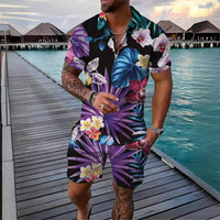 Men's Sports Casual Retro Flower T-shirt Shorts Set Zipper