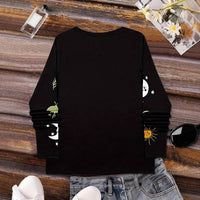 Sun Moon Star Butterfly Graphic Breathable Printed V-neck Long Sleeve T-shirt