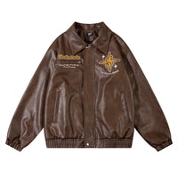 European And American Letters Embroidered Lapel Loose Leather Coat