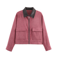 Women's Casual Corduroy Patchwork Leather-Trimmed Jacket Coats