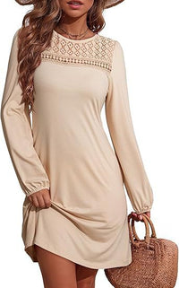 Long-sleeve A-line Solid-color Lace Loose Dress