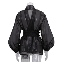 Black Sheer Puff Sleeve V-neck Tie-front Top