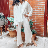 Fashion Suit Pleated Shirt Long Sleeve Split Pajamas Two-piece Set