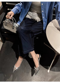 Women's Silver Pointed Toe Bow Slingback Pumps, 2024 Summer New Arrival, Closed Toe Low High Stiletto Heel Sandals