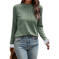 Solid-color Versatile Lace-panel Long-sleeve Top For Women