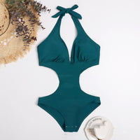 Simple Solid Color Hollow One-piece Bikini Swimsuit