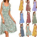 V-Neck Elegant Floral Print Waist-Cinching Lace-Up A-Line Dress Womens Wear