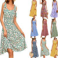 V-Neck Elegant Floral Print Waist-Cinching Lace-Up A-Line Dress Womens Wear