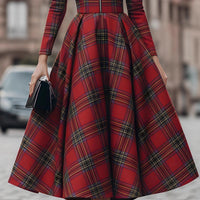 Stand-collar Long-sleeve Plaid Digital-print Zip-up Dress