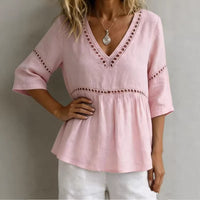 Solid-color V-neck Hollow-out Casual Fringed Top