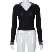 Women's Fashion Polo Collar Bottoming Shirt Casual Striped Thin Long-sleeved Top