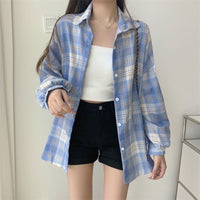 Womens Retro Long-Sleeve Plaid Shirt Top