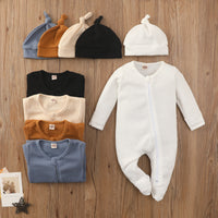 Boys And Girls Long Sleeve Solid Color Waffle Zipper Jumpsuit Foot-wrapped Romper