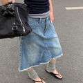 Womens Retro Washed Blue Denim Raw Hem Skirt In American Style