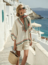 Linen Striped Printed V-Neck Top And Shorts Set For Women