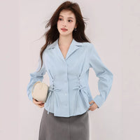 New Blue French-style Suit-collar Shirt With A Tie Waist And Long Sleeves
