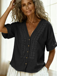Loose-fit Faux Linen Embroidered Button-up Top