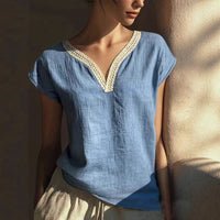Bohemian Vintage Lace V-Neck Cotton-Linen Blouse