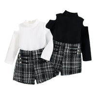 Children's Off-the-shoulder Top Tweed Plaid Classic Style Shorts Girls' Suit