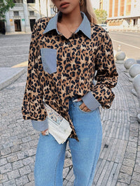 INS Leopard Striped Patchwork Shirt Fashion Casual Long-sleeved Button Lapel Top Women's Clothing
