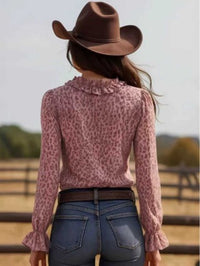 Leopard-print Chiffon V-neck Long-sleeve Shirt With Ruffled Lace Trim