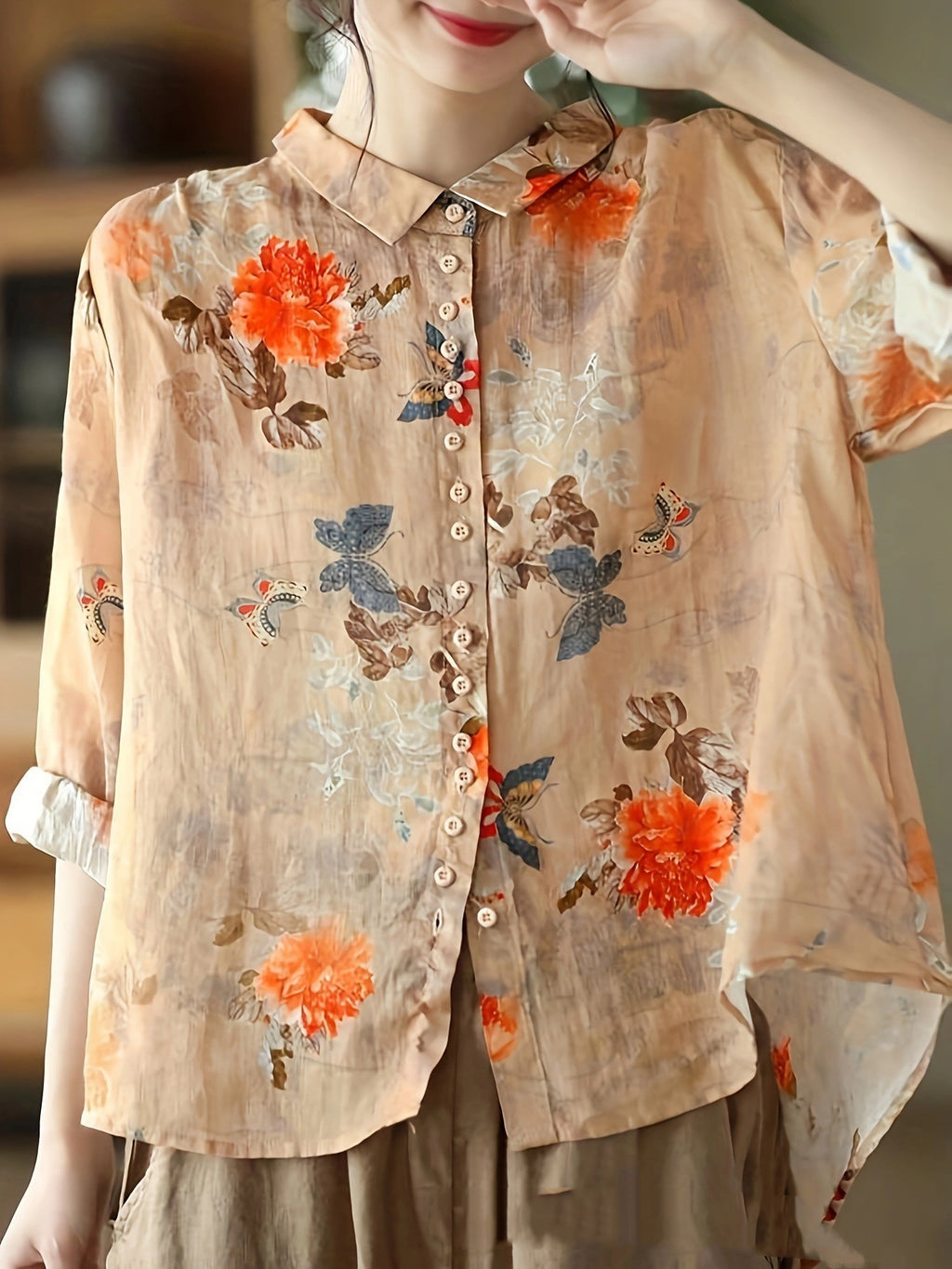 Vintage Flower Print Fashion Shirt Top