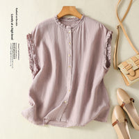 Womens Ruffle-Trimmed Cotton-Linen Sleeveless Shirt