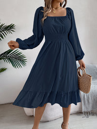 Women's Casual Solid Color Square Neck Long Sleeve Tie Waist Ruffle A-Line Dress