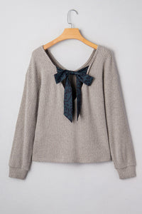 Contrast-color Satin Ribbon Bow Backless Drop-shoulder Long-sleeve Top