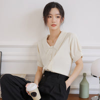 French Style White Short-sleeved Chiffon Shirt With Doll Collar Retro Lantern Sleeve