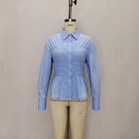 Notched-collar Top With Pleated Waist Long-sleeve Shirt For Women