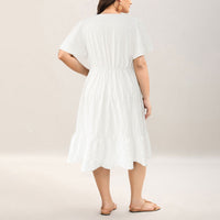 Solid-color V-neck High-waisted Loose-fit Short-sleeve Dress