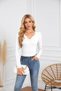 Women's Hot Sunken Stripe Deep U Crisscross Neckline Long-sleeved T-shirt Top
