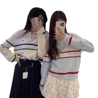 Striped Contrast Color Knitwear Women's Loose Polo Collar Pullover Sweater