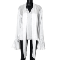 Solid Color Flared Long Sleeve V-neck Lace-up Micro Transparent Elegant Shirt