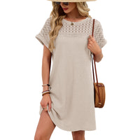 Solid-color Crewneck Lace-panel Loose-fit Short-sleeve Dress