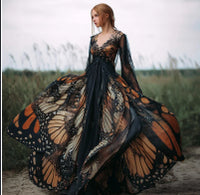 Womens V-Neck Creatively Printed Mid-Length Fairy-Like Dress