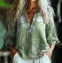 Boho Style Green Linen Floral Art Print Long Sleeve Shirt