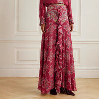 Retro-printed Chiffon Long-sleeve Shirt And Ruffled Maxi Skirt Two-piece Set