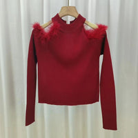 Women's Half-turtleneck Stitching Hollow Out Shoulder-baring Knitwear Top