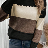 Women's Pullover Round Neck Long Sleeves Color Matching Sweater