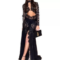 Fashionable Lace Hollow-Out High-Slit Slim-Fit Long-Sleeve Dress For Women