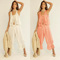 Womens Cropped Pants With Patchwork Lace Vest Set